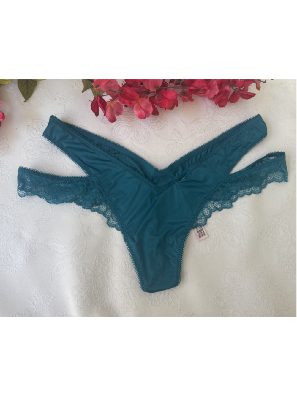 VICTORIA'S SECRET S TEAL BLUE SILKY VERY SEXY HI LEG THONG CUT OUT PANTIES NWT